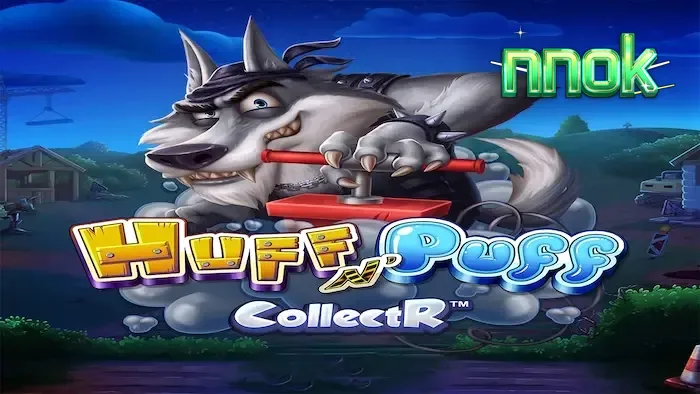 Huff N' Puff CollectR স্লট গেমের একটি দৃশ্য যেখানে শুকররা গ্রিডে প্রতীক সংগ্রহ করছে